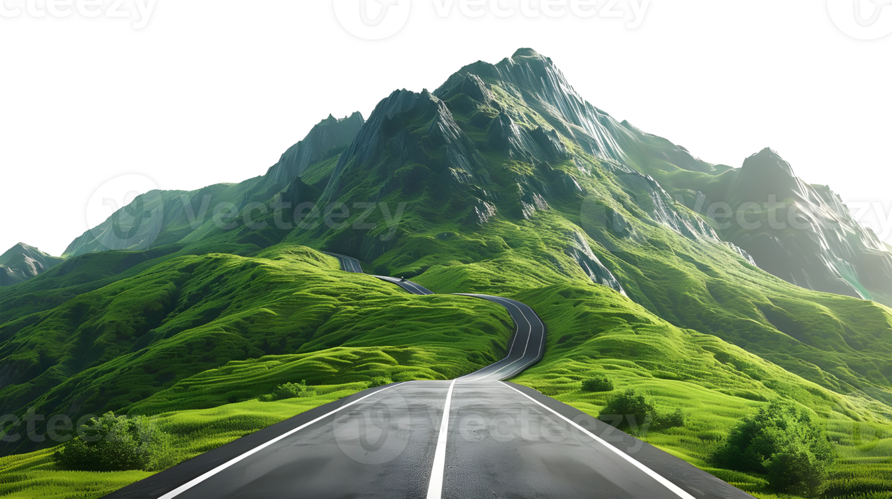 Winding road through lush green mountain landscape isolated on transparent background png