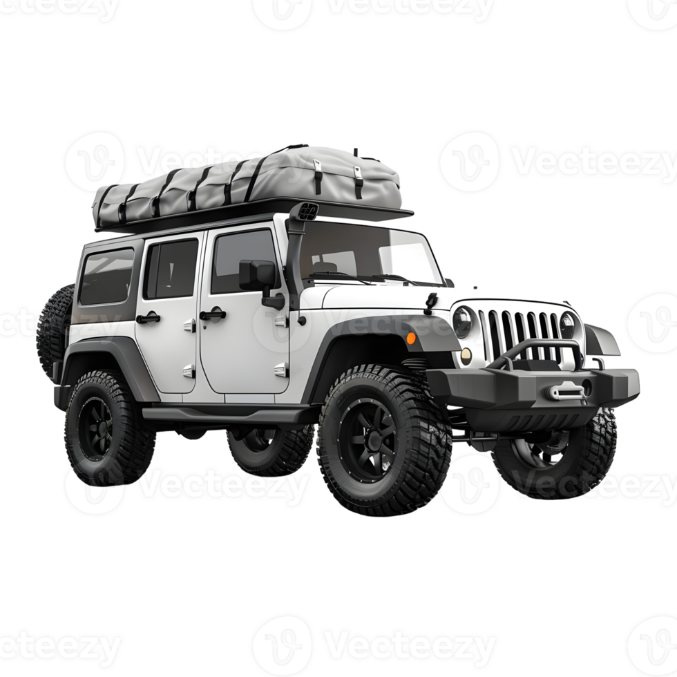 White off-road vehicle with roof tent isolated on transparent background png