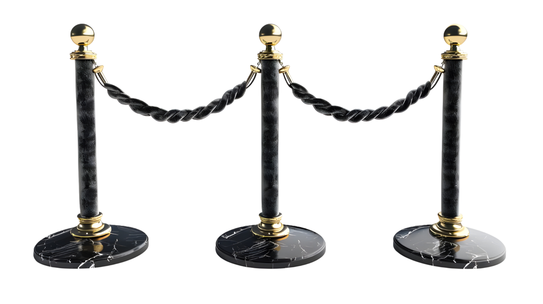 Black velvet rope barrier with gold accents isolated on transparent background png