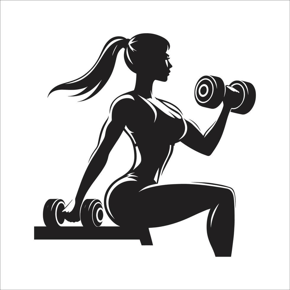 Young Slim Strong Muscular Woman Posing In Studio With Dumbbell vector