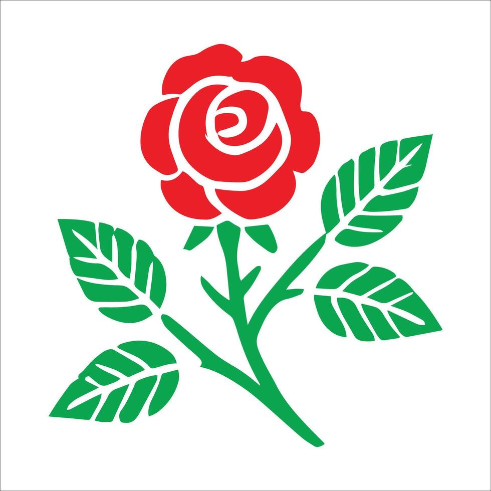 A Red Rose With Green Leaf logo black and white icon Flat Design Illustration On White Background vector