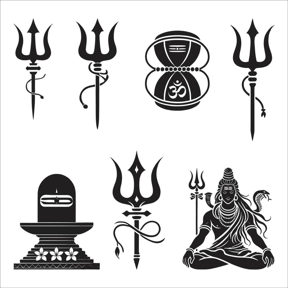Happy Maha Shivratri Lord Shiva ,Damru , Shiva God Trishul Trident, shivling Banner Poster Template Design Clip Art Black And White On White Background vector