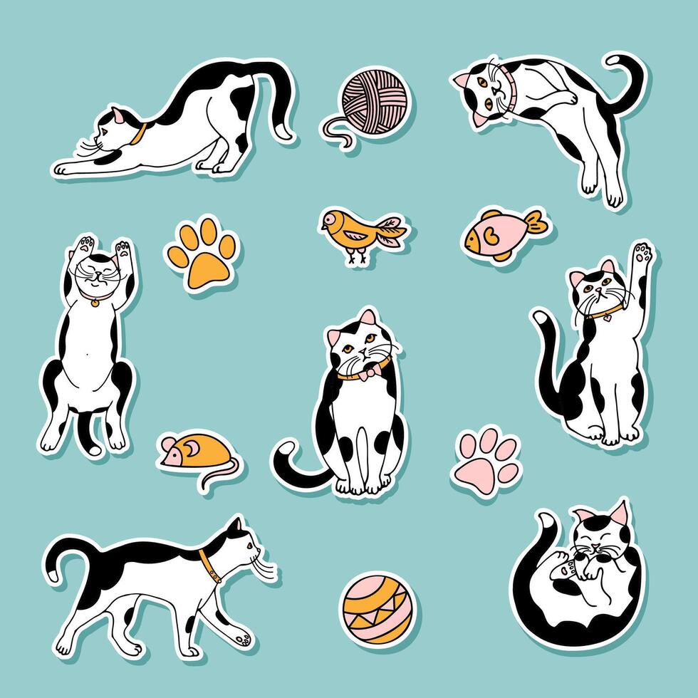 a set of stickers of white cats with black spots and toys, hand-drawn in a cartoon style. vector
