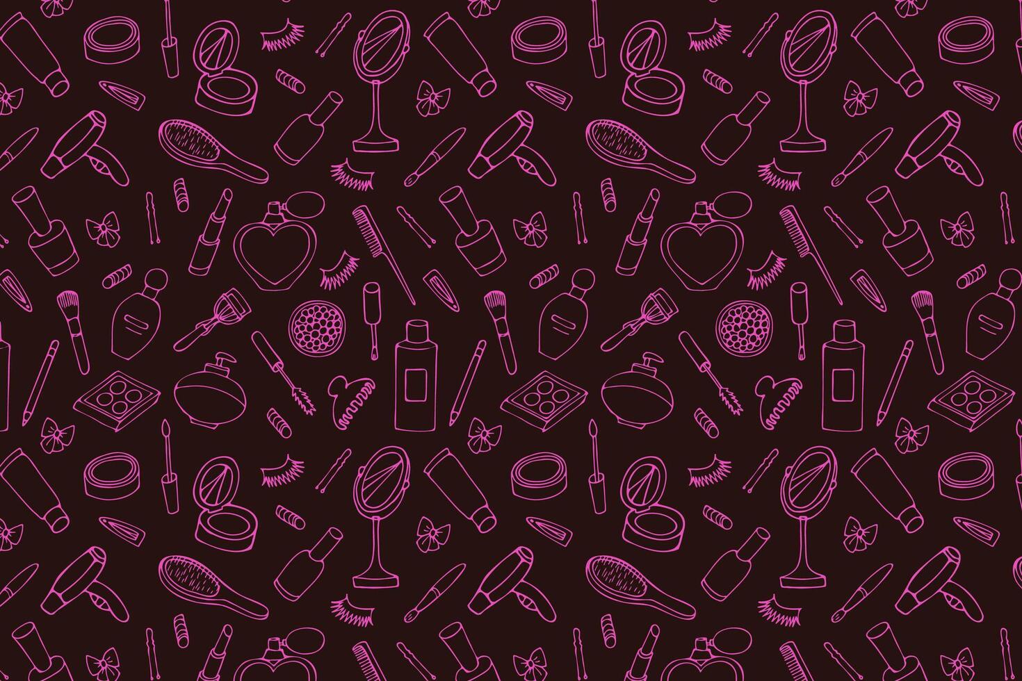 pattern with cosmetics and perfumes, hand-drawn on a dark background. vector