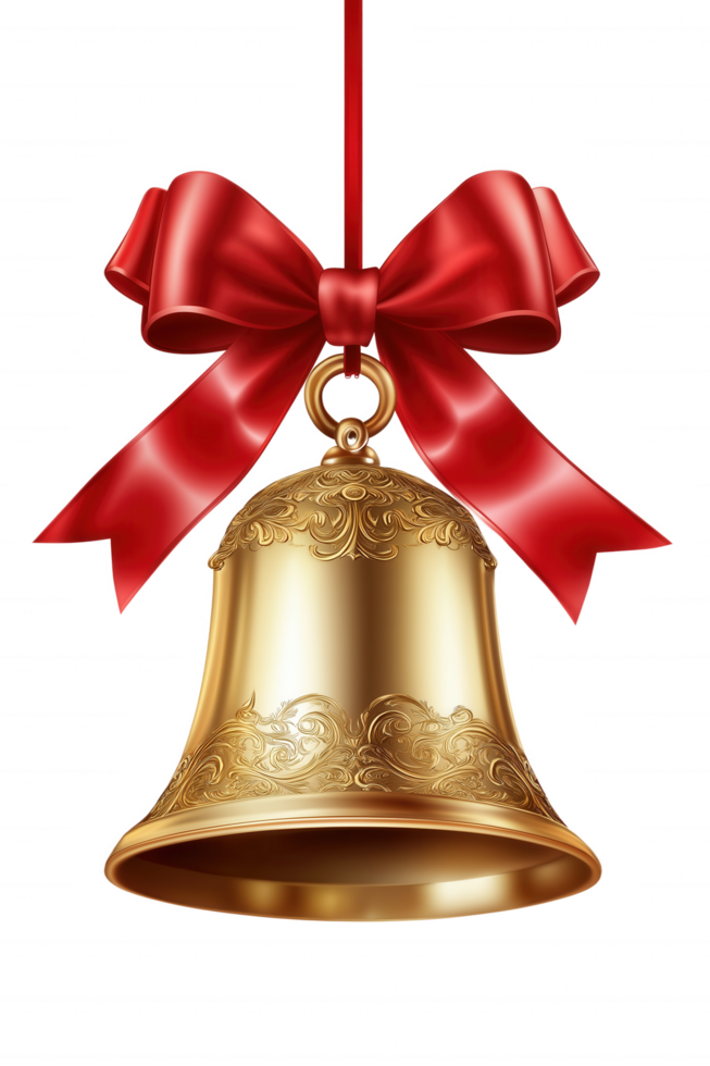 A gold bell with a red ribbon hanging from it png