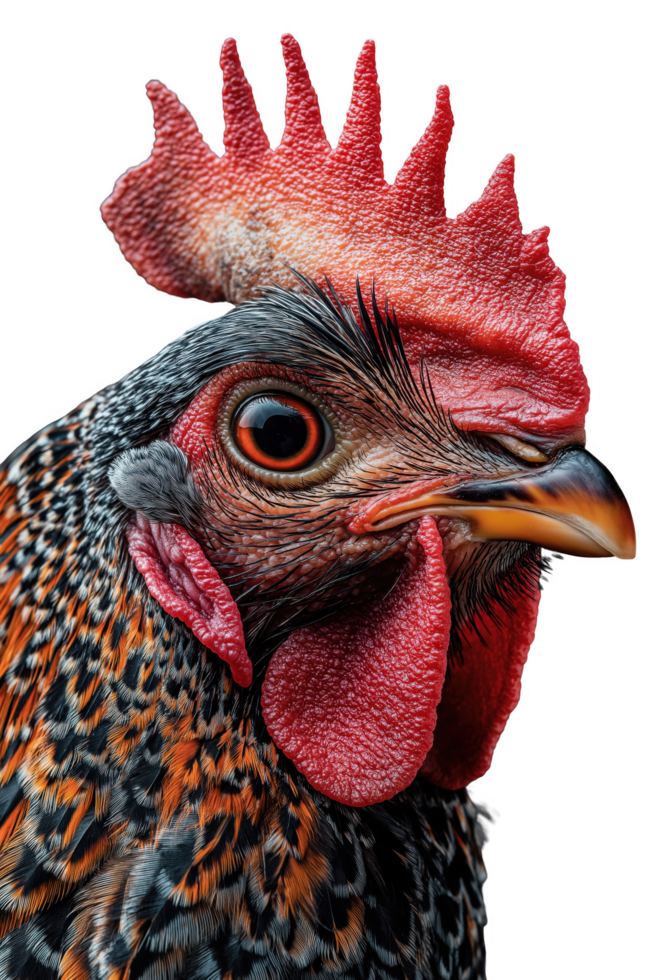 A close up of a chicken's face with a red beak png
