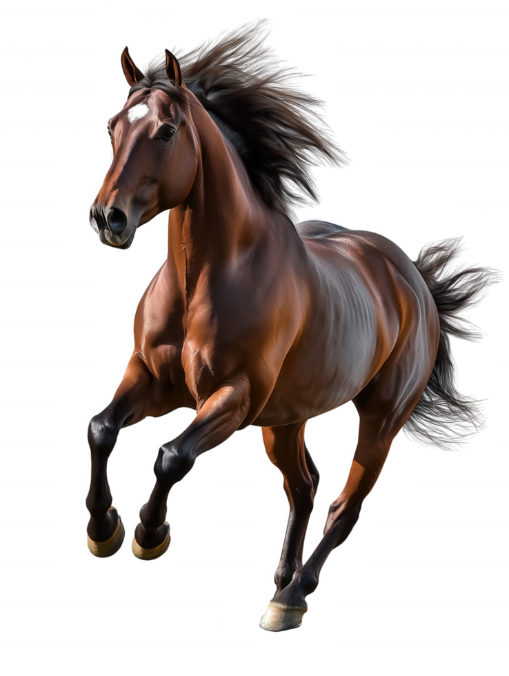 A brown horse is running with its head up and its mane blowing in the wind png