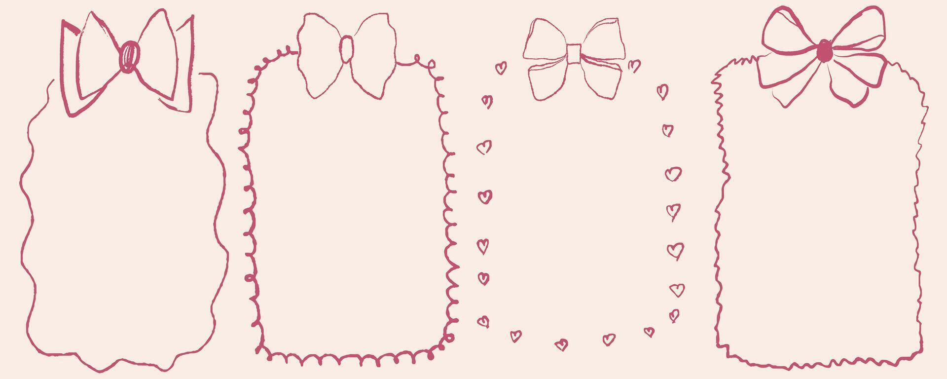 Set of handdrawn frames with decorative bows and hearts, perfect for invitations, greeting cards, or scrapbook design. illustration vector