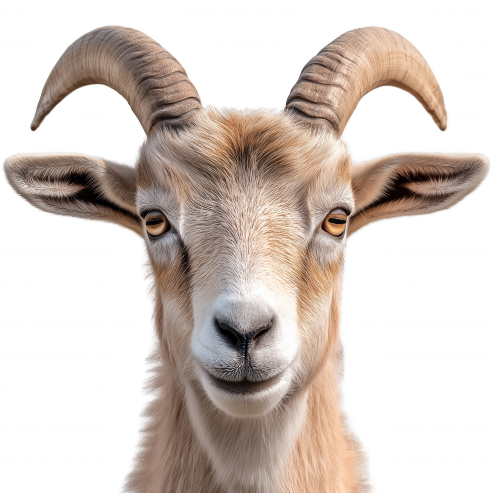 A goat with large horns is staring at the camera png
