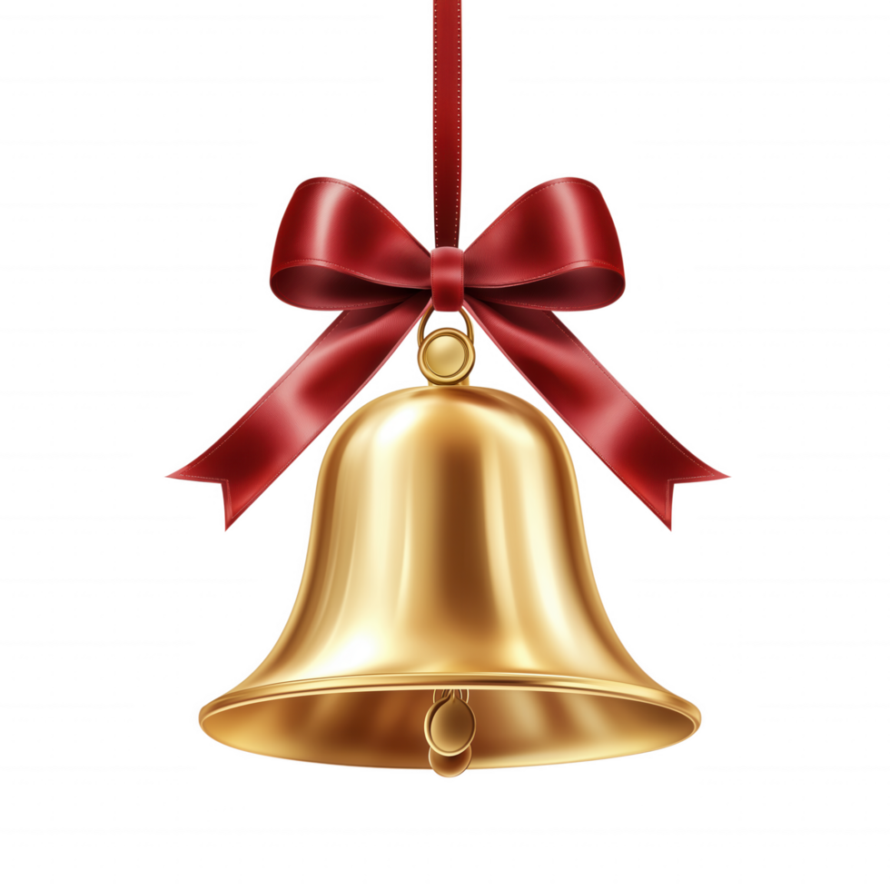 A golden bell with a red ribbon hanging from it png
