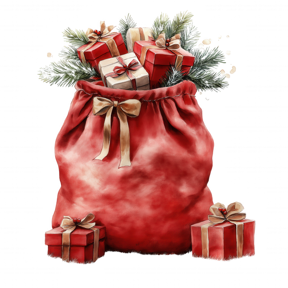 A red bag with a bow on it is filled with presents png
