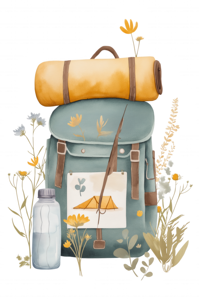 A backpack with a yellow and green blanket on top of it png