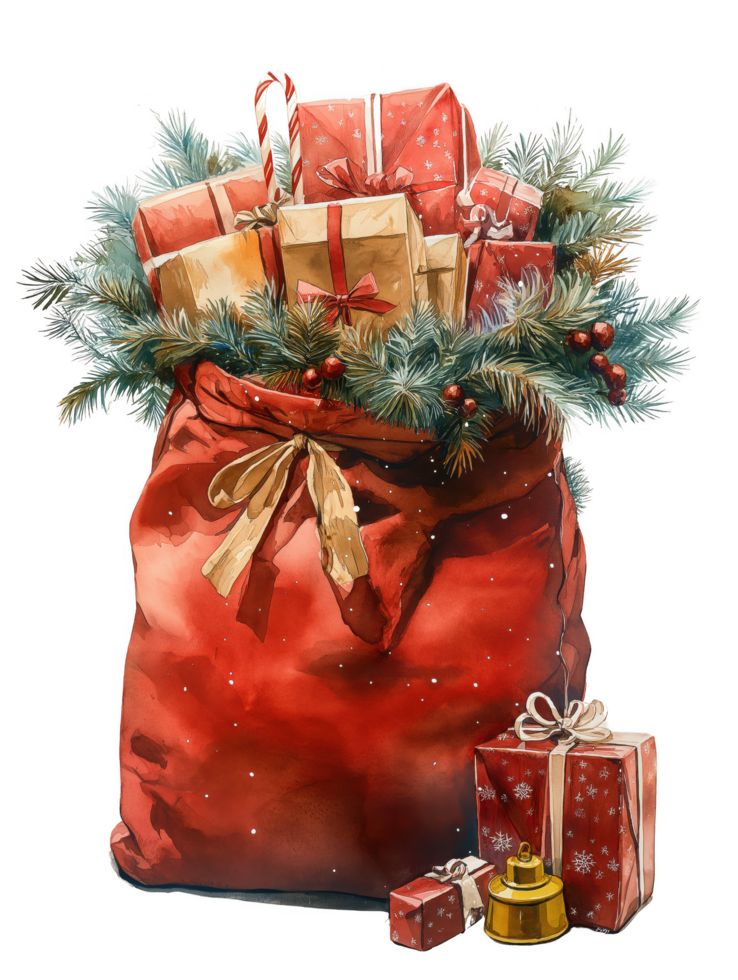 A red santa bag filled with presents and a pine tree wreath png