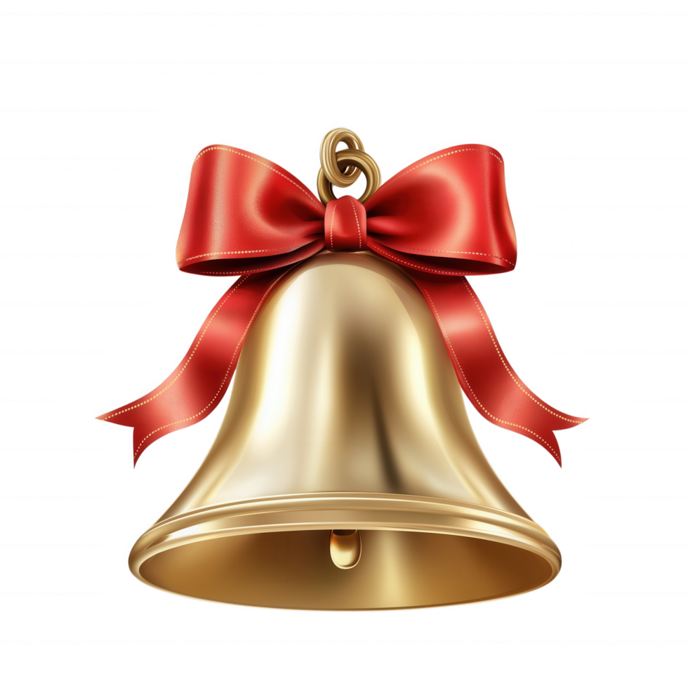 A gold bell with a red ribbon is suspended from a chain png