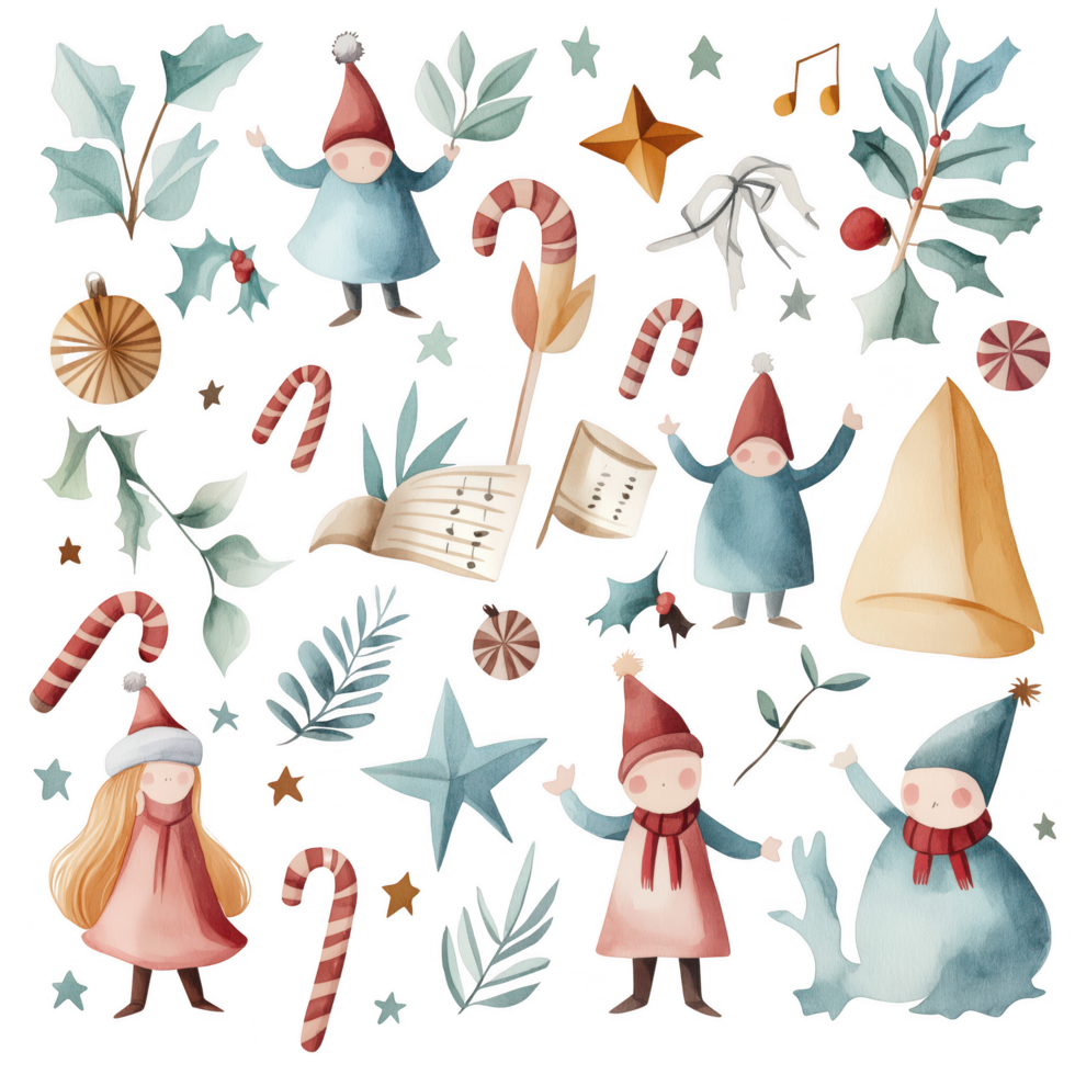 A group of little gnomes are standing in a field of Christmas decorations png