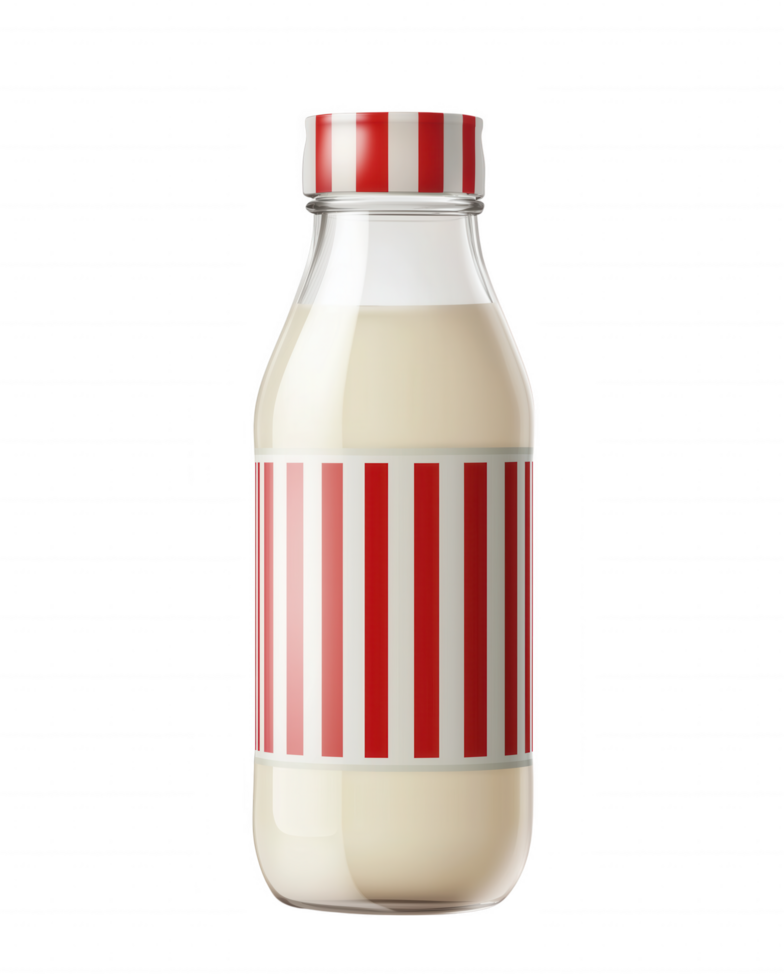 A glass bottle of milk with red and white stripes png