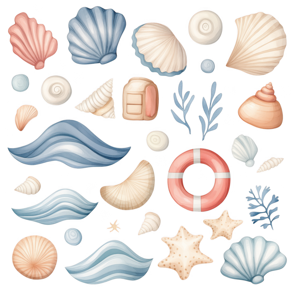A collection of seashells and other ocean-related objects png