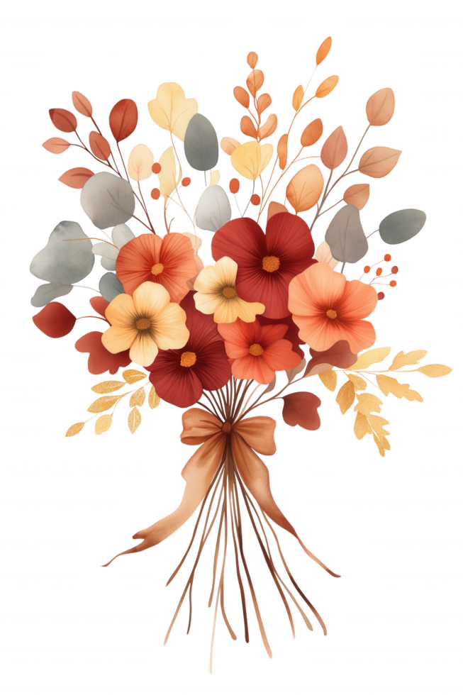 A bouquet of flowers with a brown ribbon tied around it png