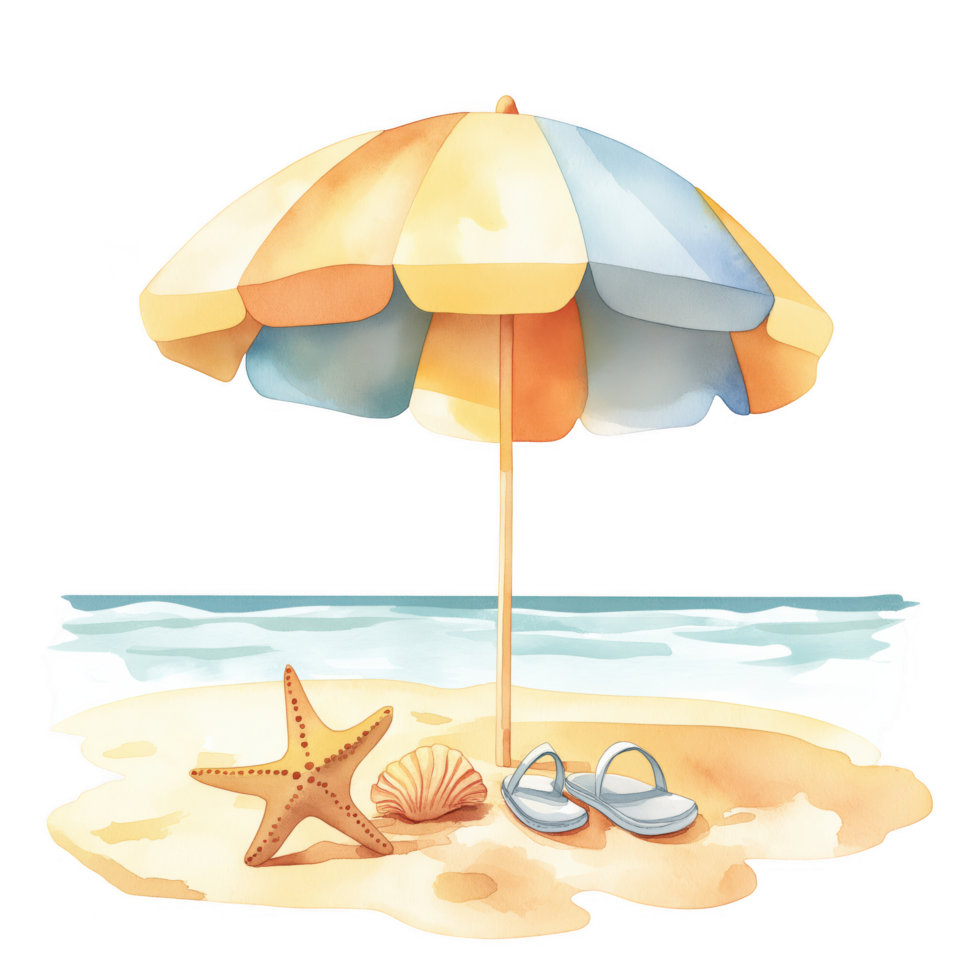A beach scene with a yellow and blue umbrella, a starfish png