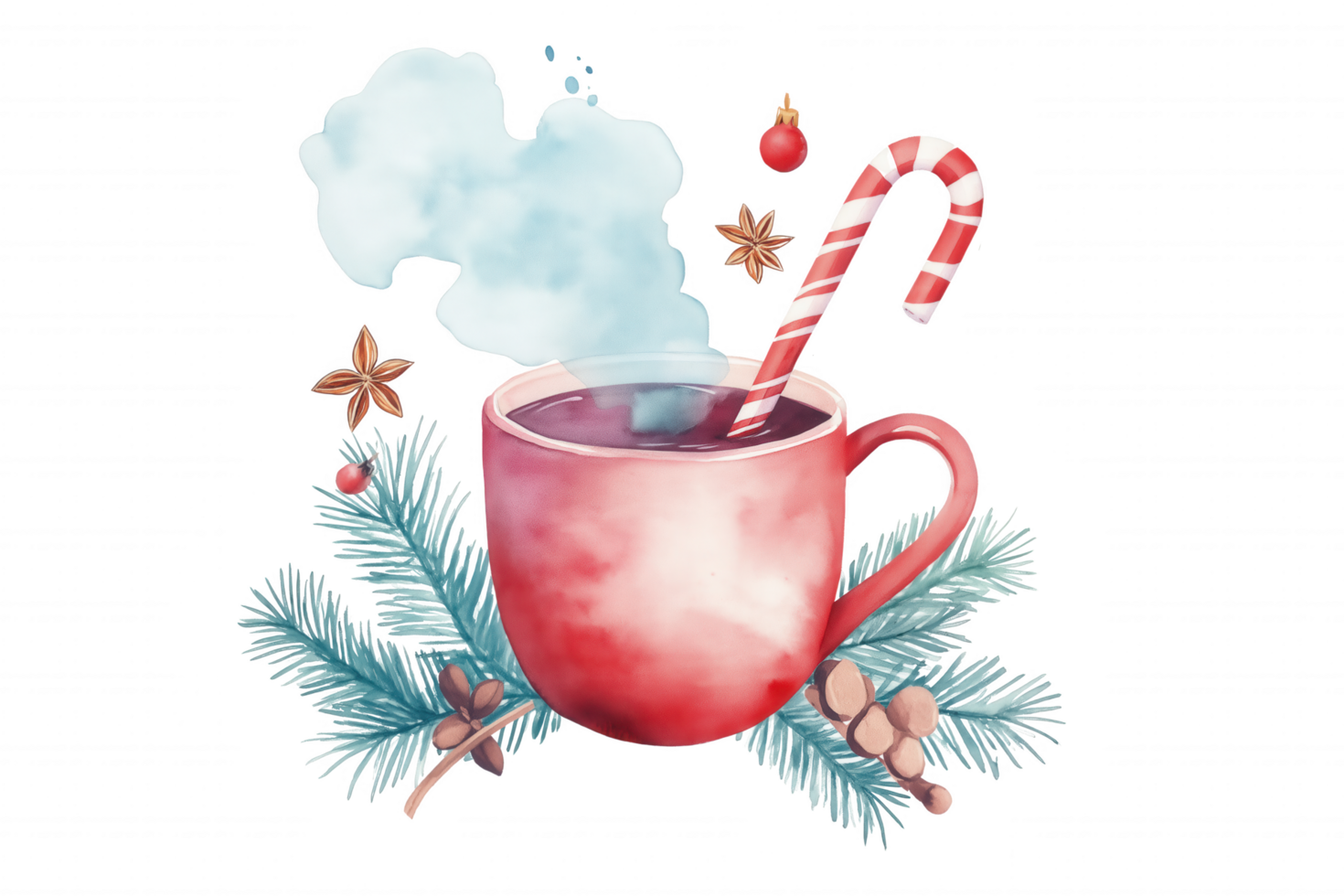 A red mug with a sprig of pine needles and a cinnamon stick in it png