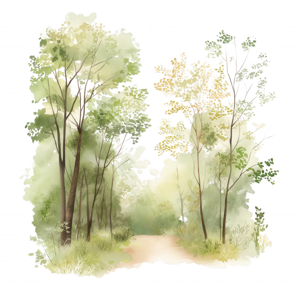 A painting of a forest with trees and a path png