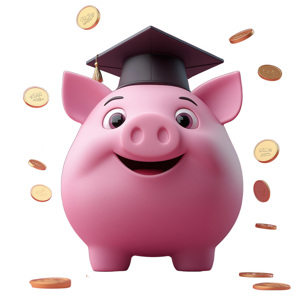 A pig wearing a graduation cap and surrounded by coins png