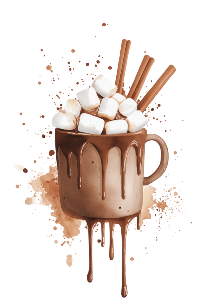 A mug of hot chocolate with marshmallows and cinnamon sticks on top png