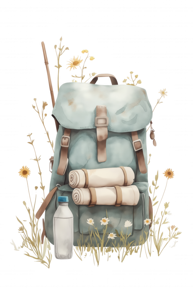 A backpack with a bottle of water and a fishing pole on top of it png