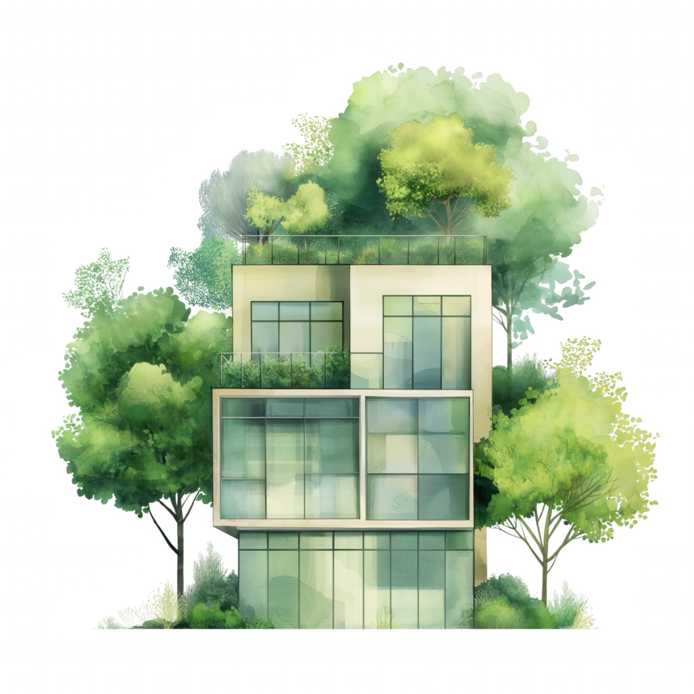 A tall building with a green roof and trees growing on it png