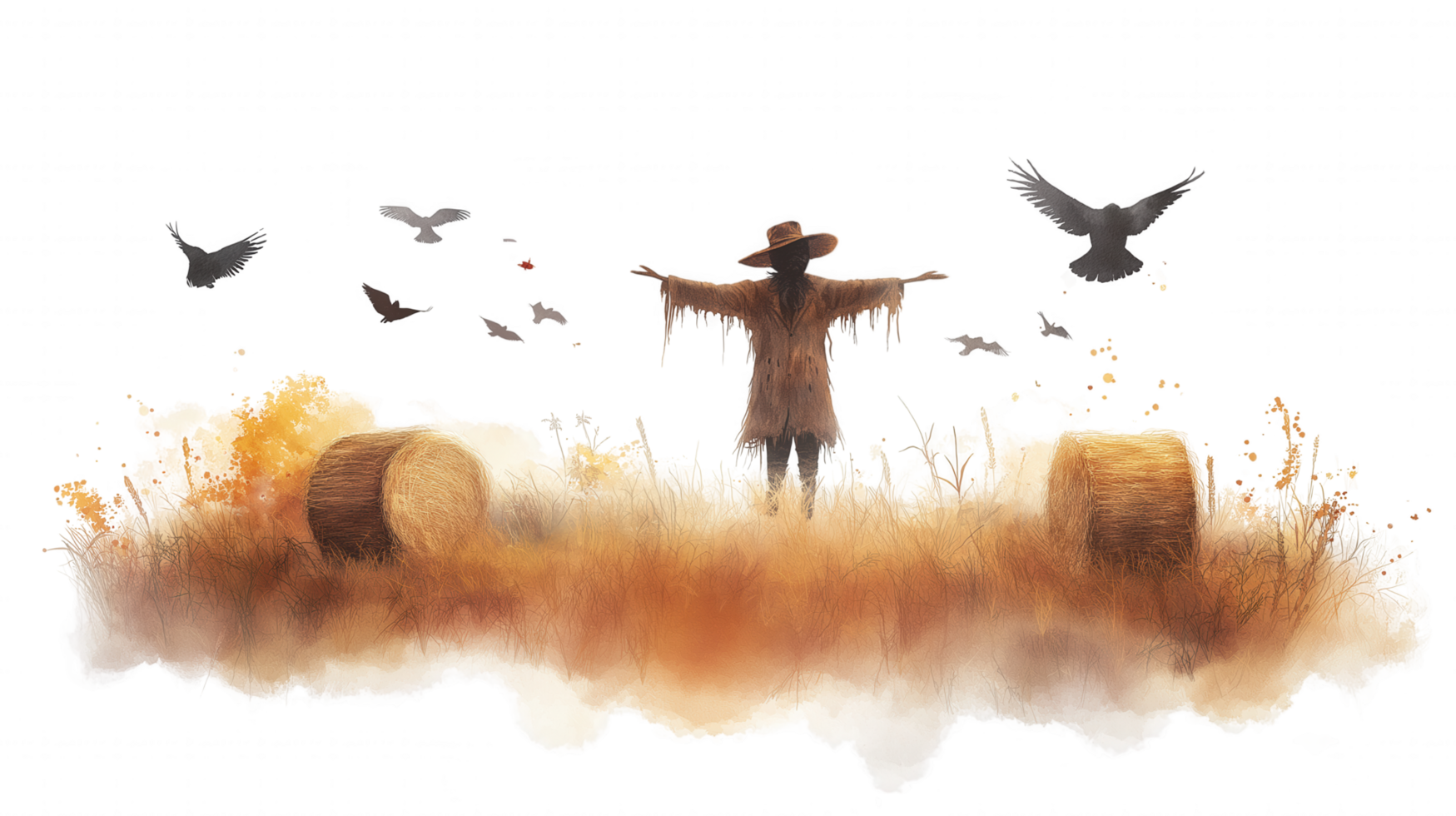 A man in a hat is standing in a field with a bunch of birds flying around him png