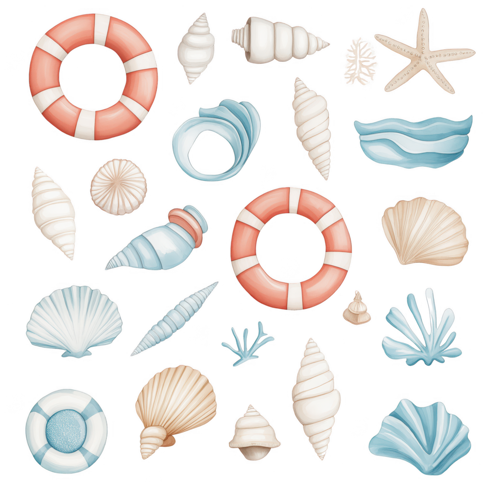 A collection of seashells and a red life preserver png