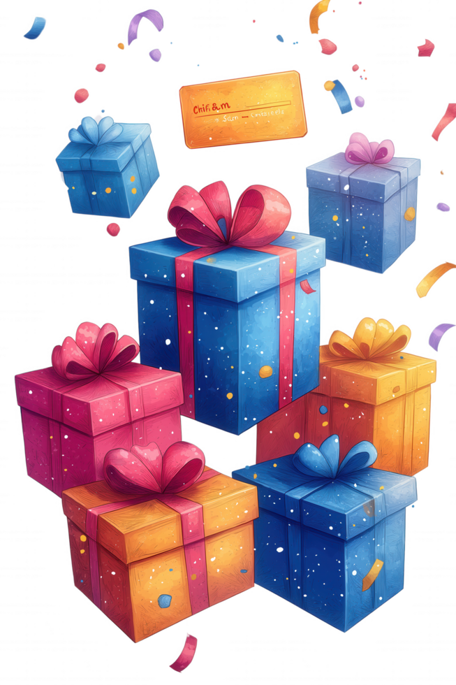 A bunch of colorful boxes with a card. png