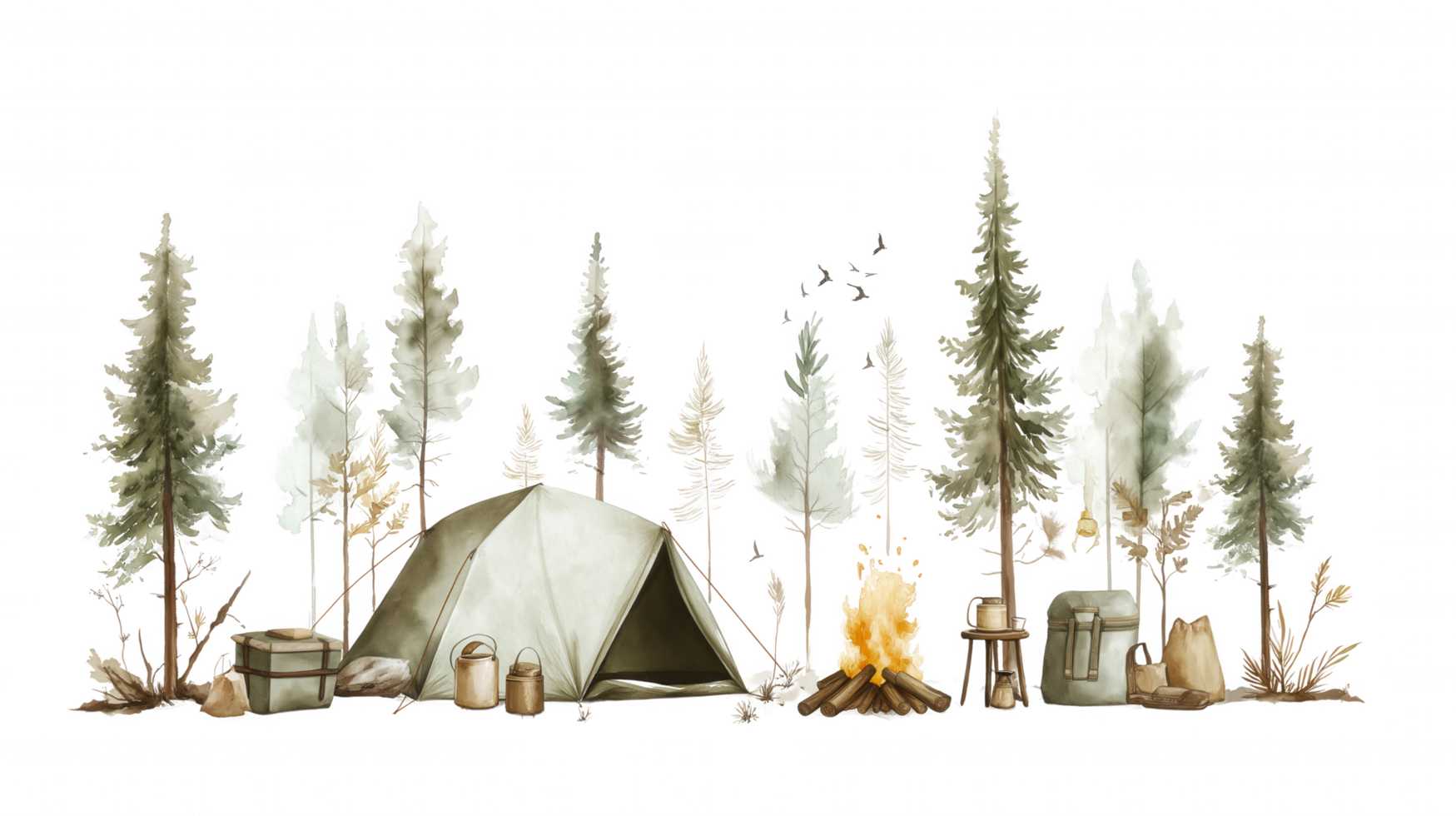 A painting of a forest with a tent, a backpack, and a fire png