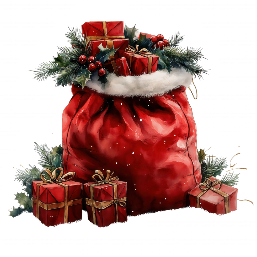 A red santa bag filled with presents and a bunch of pine needles png
