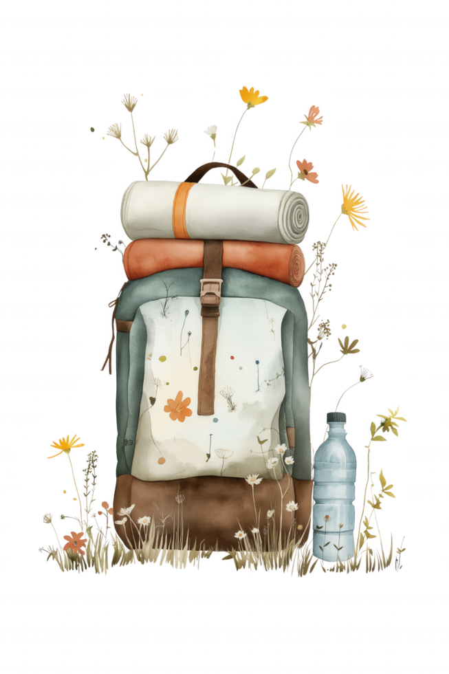 A backpack with a bottle of water and a blanket on top of it png