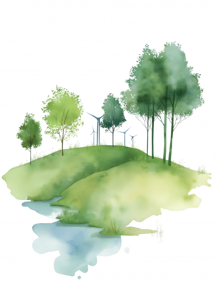 A painting of a forest with a river running through it png