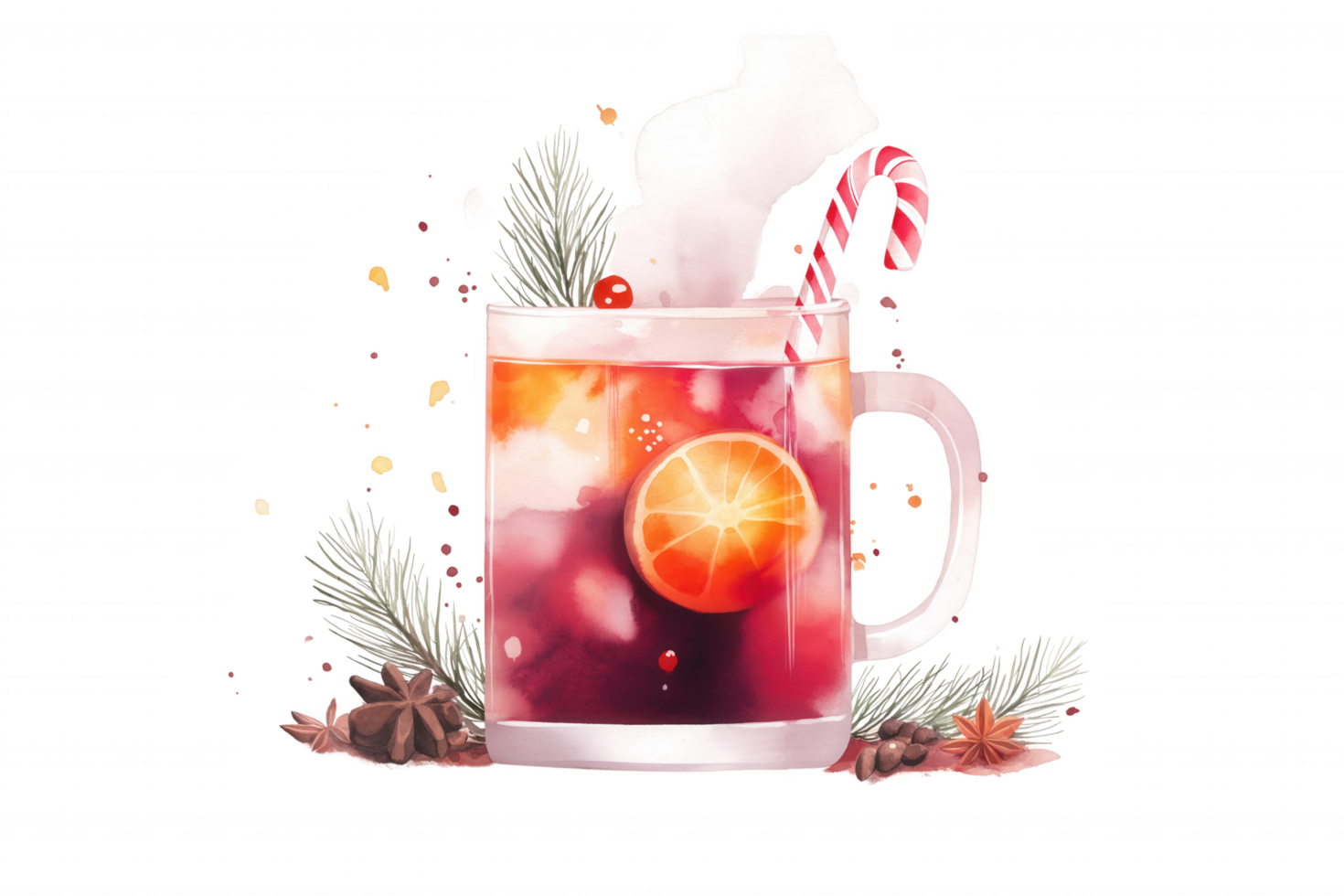 A glass of red drink with a slice of orange and a cinnamon stick png