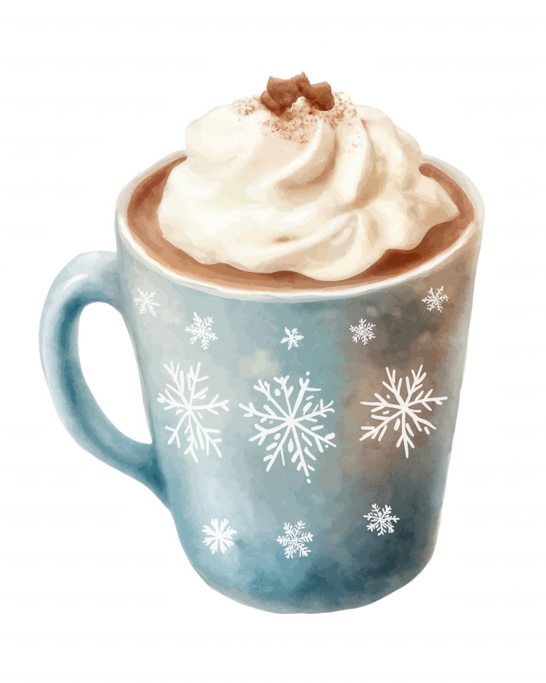 A blue mug with white snowflakes on it and a white whipped cream on top png