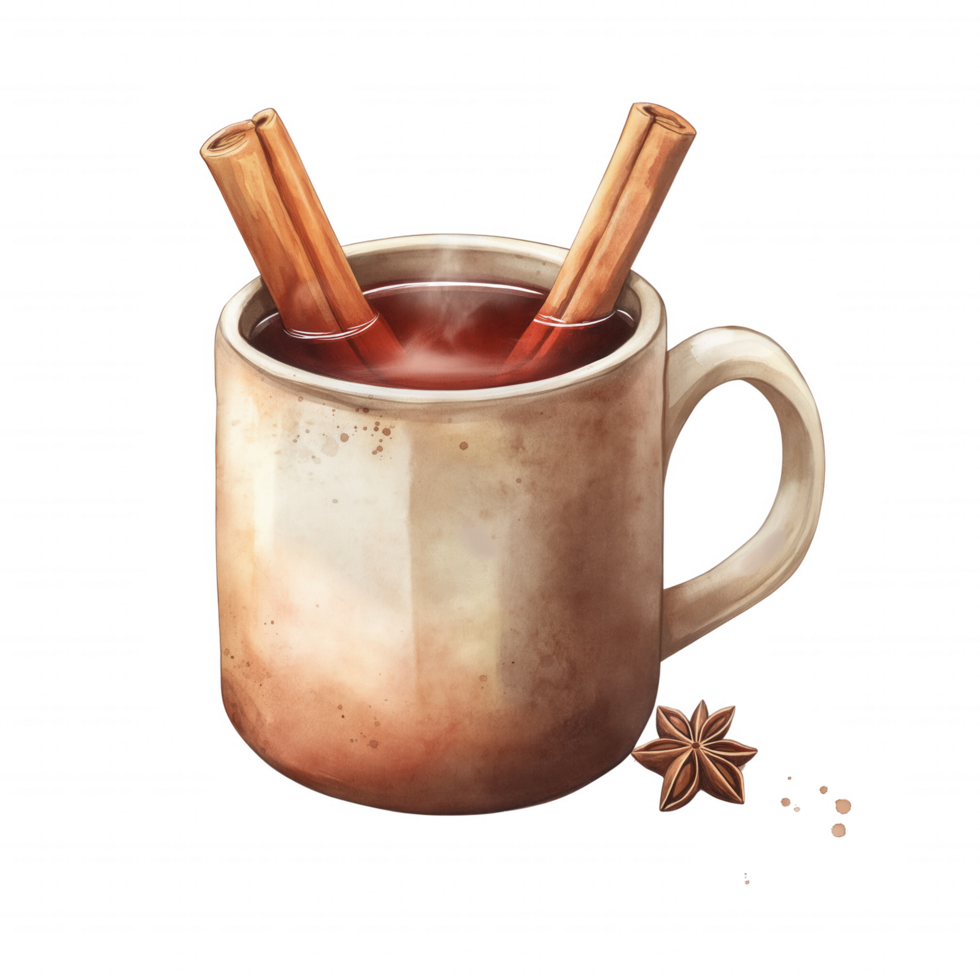 A mug of hot chocolate with cinnamon sticks in it png