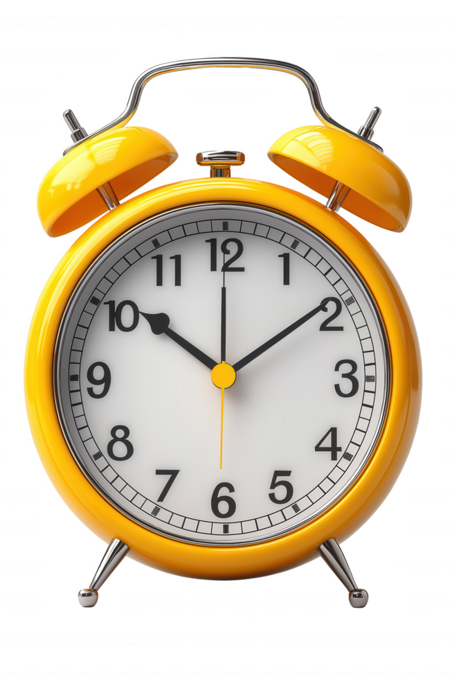 A yellow alarm clock with a white face showing the time. png