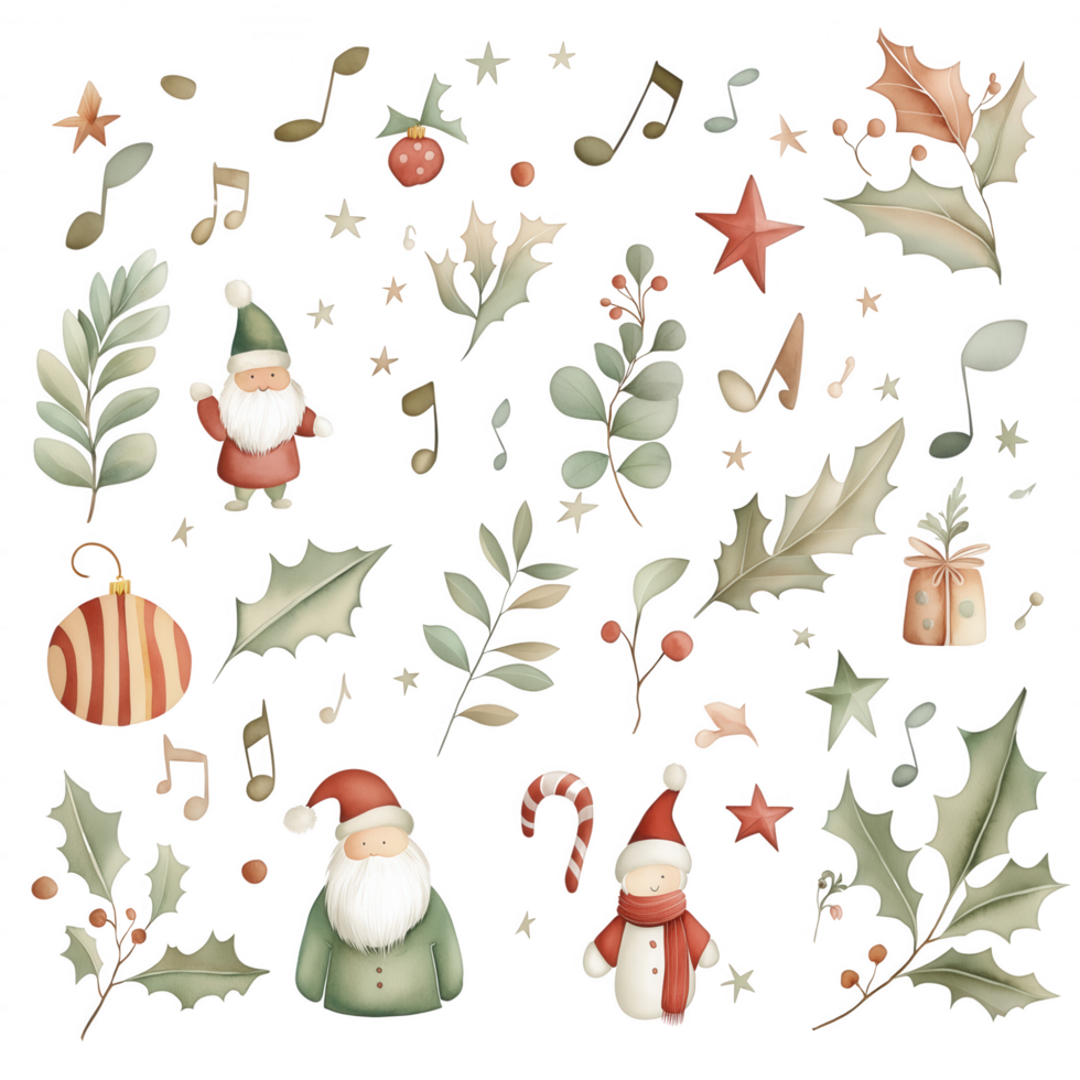 A collection of Christmas decorations including a star, a snowman, and a santa png