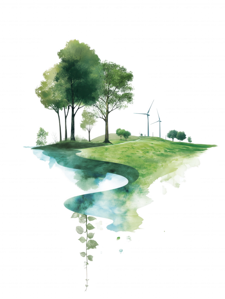 A painting of a forest with a river running through it. png