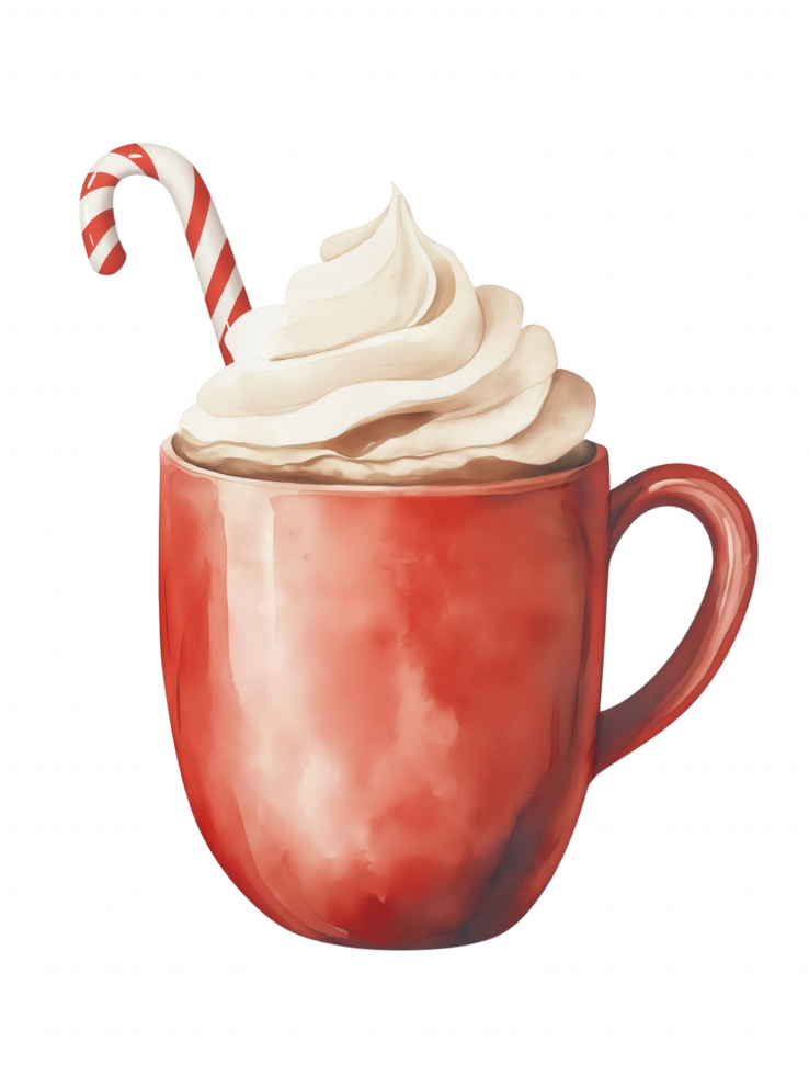 A red mug with whipped cream and a red and white cane. png