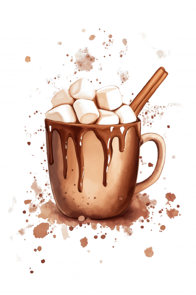 A cup of hot chocolate with marshmallows and a wooden stick png
