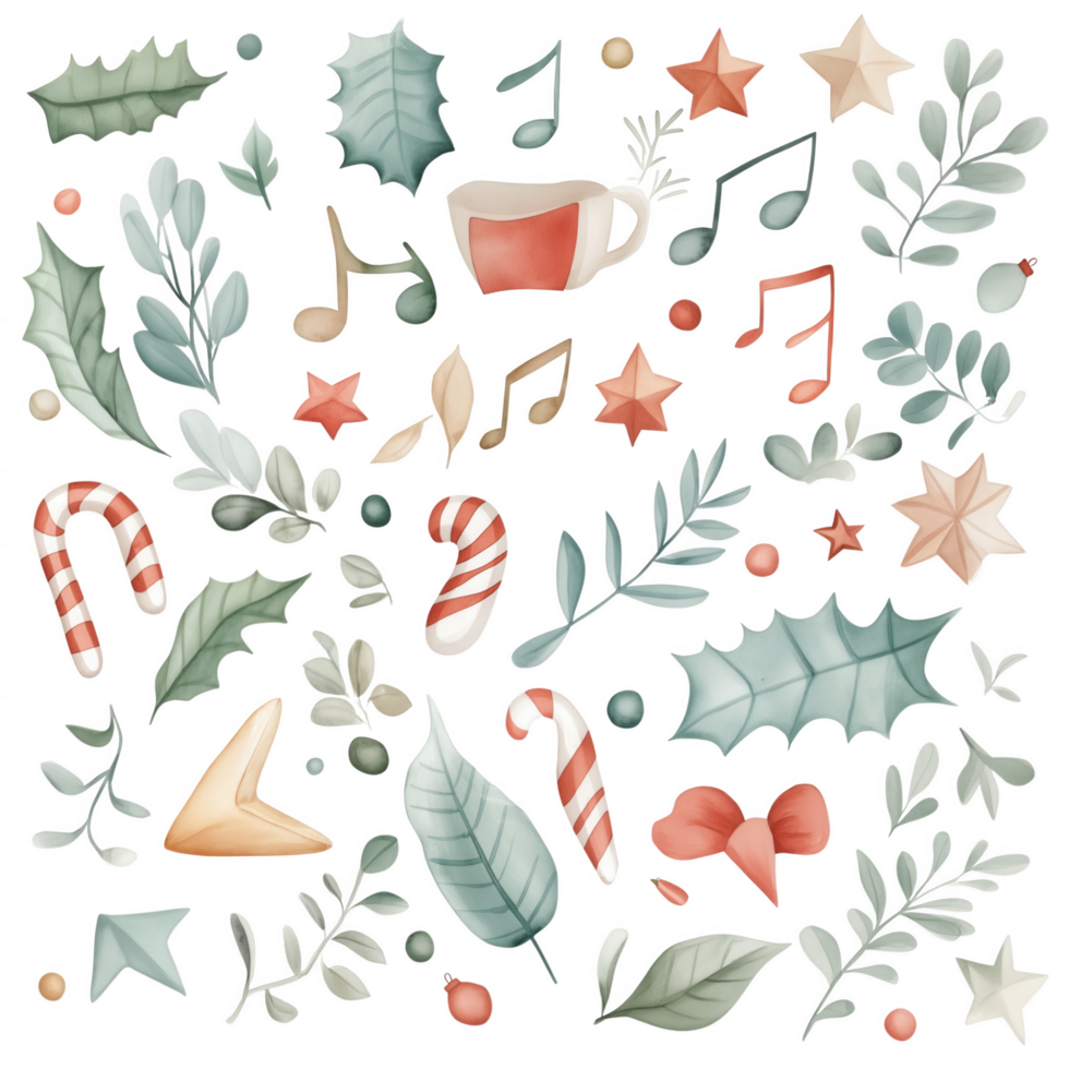 A collection of Christmas decorations including a star, a cup, a leaf png