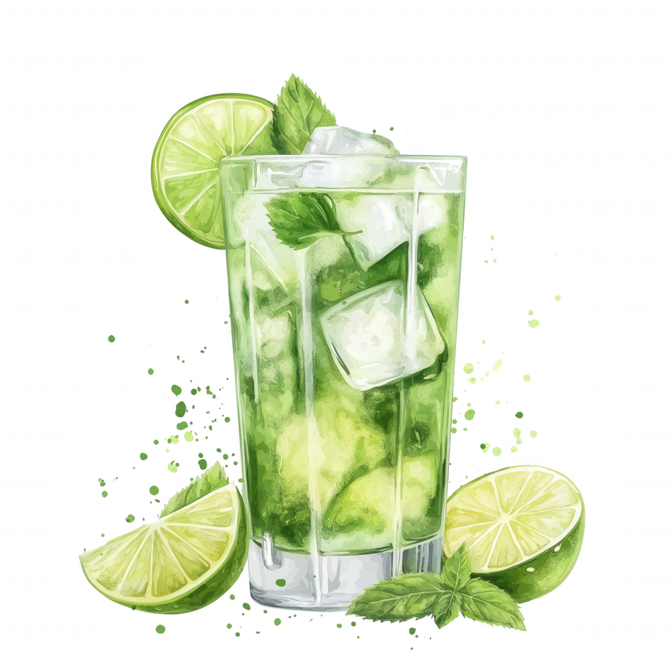 A glass of green drink with ice and lime slices png