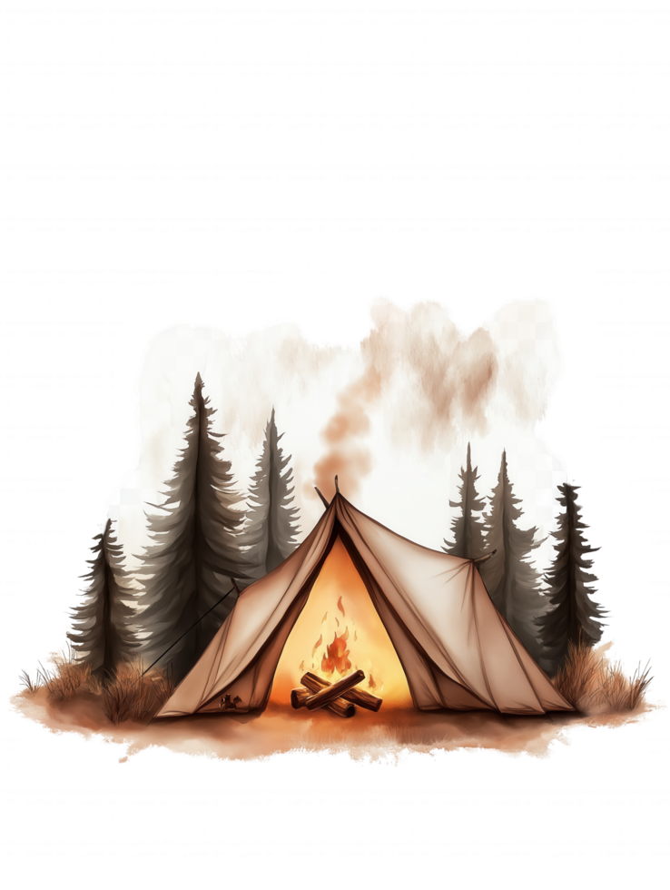 A tent is set up in the woods with a fire burning inside png
