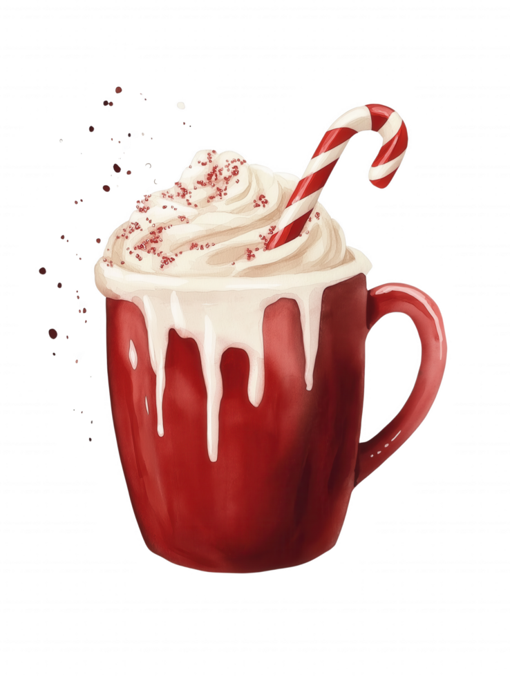 A red mug with whipped cream and a red and white striped cane png