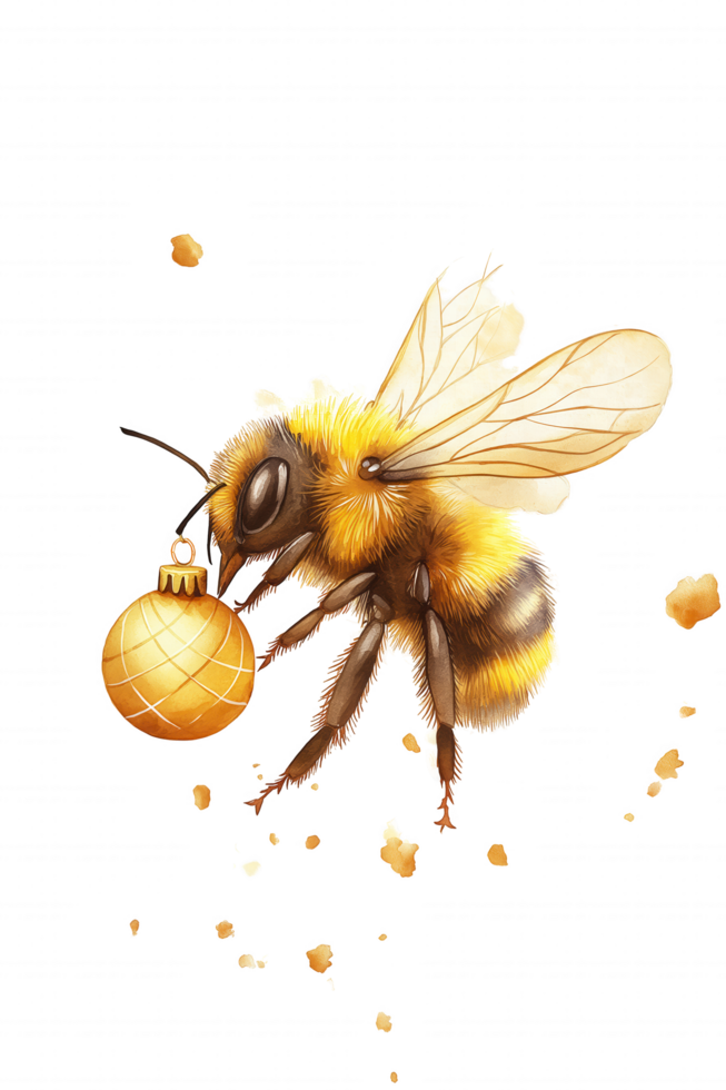 A bee is holding a golden ornament in its mouth png
