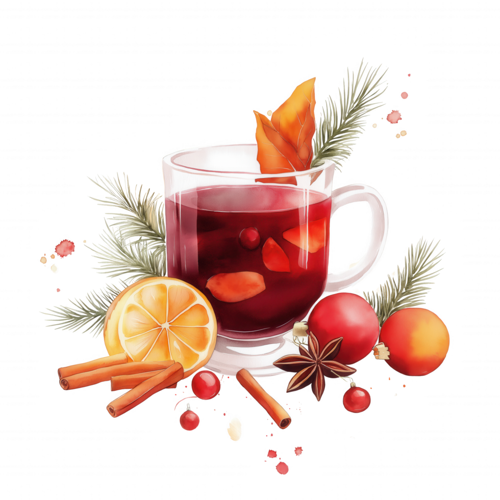 A glass of red drink with a cinnamon stick and orange slices on the side png